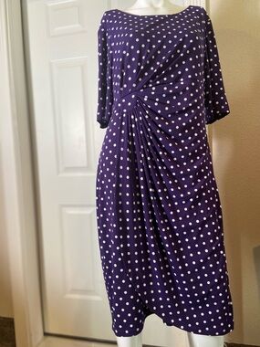 Connected Apparel~Polka Dot~Wrap Dress~Sunburst Side Pleats~1/2 Sleeve~Size 16